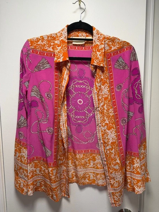Women's Pink & Orange Printed Button-Up Shirt Maeve by Anthropologie - Picture 1 of 4